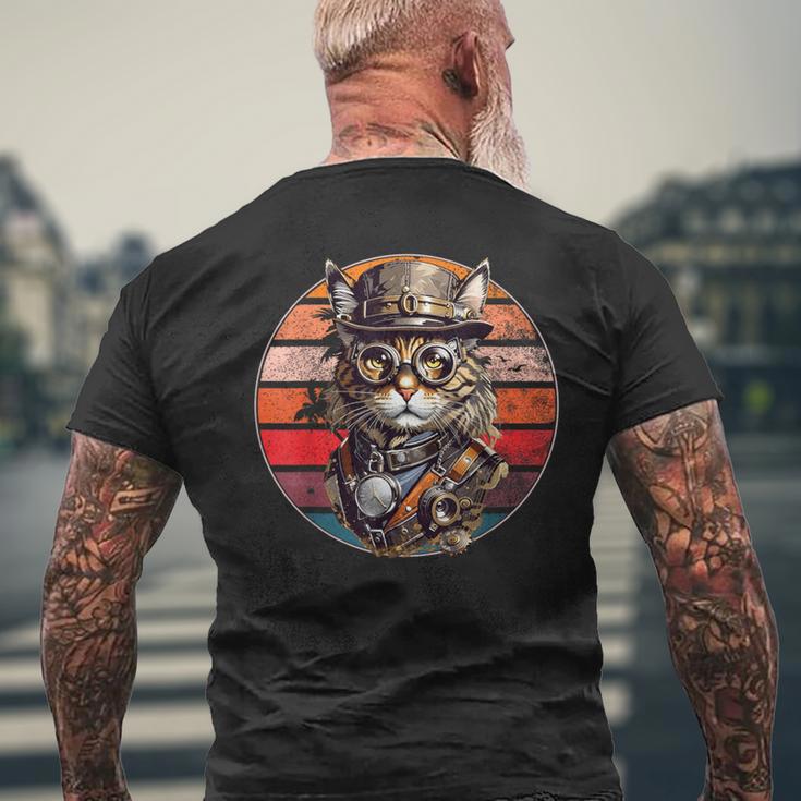 Steampunk Cat Retro Sunset Glasses Hat And Watches T-Shirt mit Rückendruck Geschenke für alte Männer