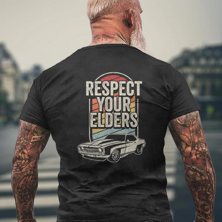 Vintage Retro Respect Your Elders Classic Muscle Car Mens Back Print T-shirt Gifts for Old Men