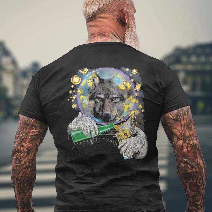 Wolf As Astronaut In Space Enjoying Drink Men's T-shirt Back Print Gifts for Old Men