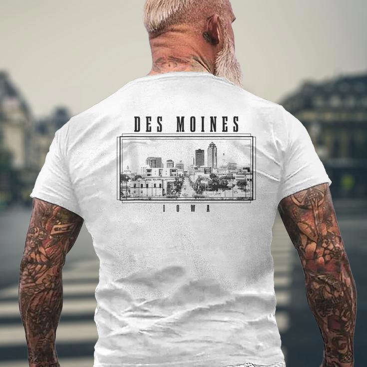 Des Moines Iowa Vintage Skyline Black & White Des Moines Men's T-shirt Back Print Gifts for Old Men