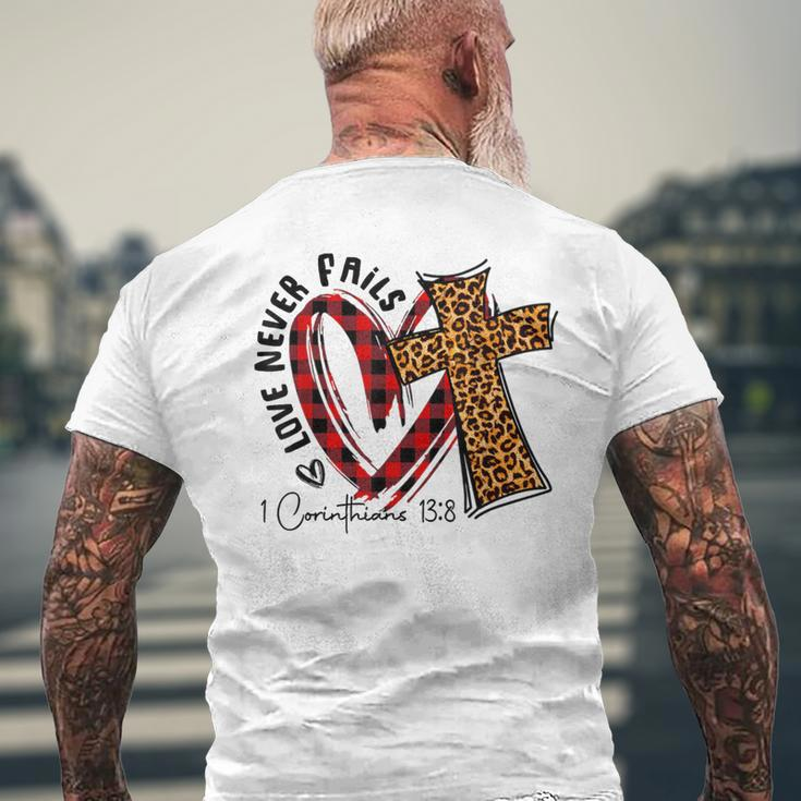 Love Never Fails 1 Corinthians 13 8 Bible Verse Christian Men's T-shirt Back Print Gifts for Old Men