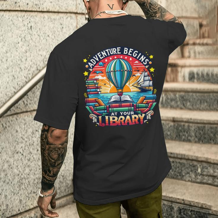 Adventure Begins At Your Library Summer Hot Balloon 2024 Men's T-shirt Back Print Gifts for Him