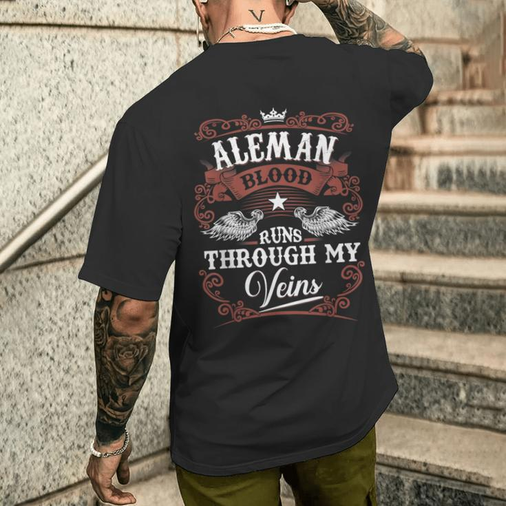 Aleman Blood Runs Through My Veins Vintage Family Name Men's T-shirt Back Print Gifts for Him