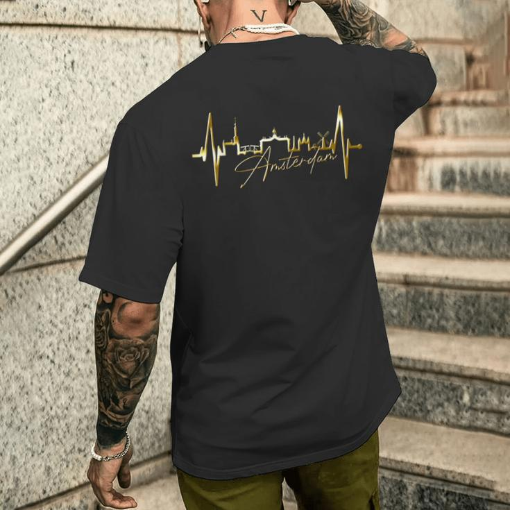Amsterdam Skyline Netherlands Heartbeat Fan I Love Holland T-Shirt mit Rückendruck Geschenke für Ihn