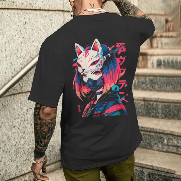 Anime Manga Cyberpunk Aesthetic Techwear Harajuku Kitsune T-Shirt mit Rückendruck Geschenke für Ihn