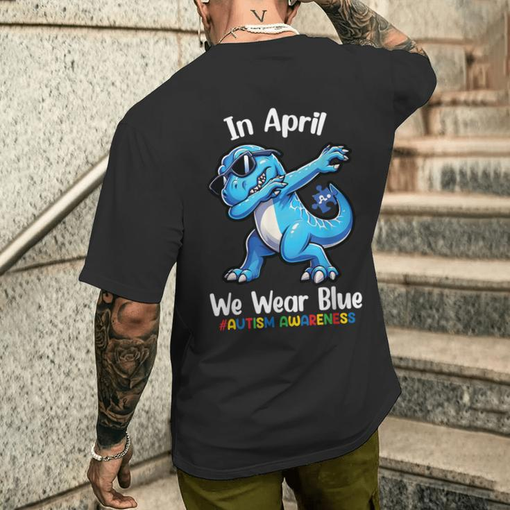In April We Wear Blue Autism Awareness Month Dinosaur T-Rex Men's T-shirt Back Print Gifts for Him