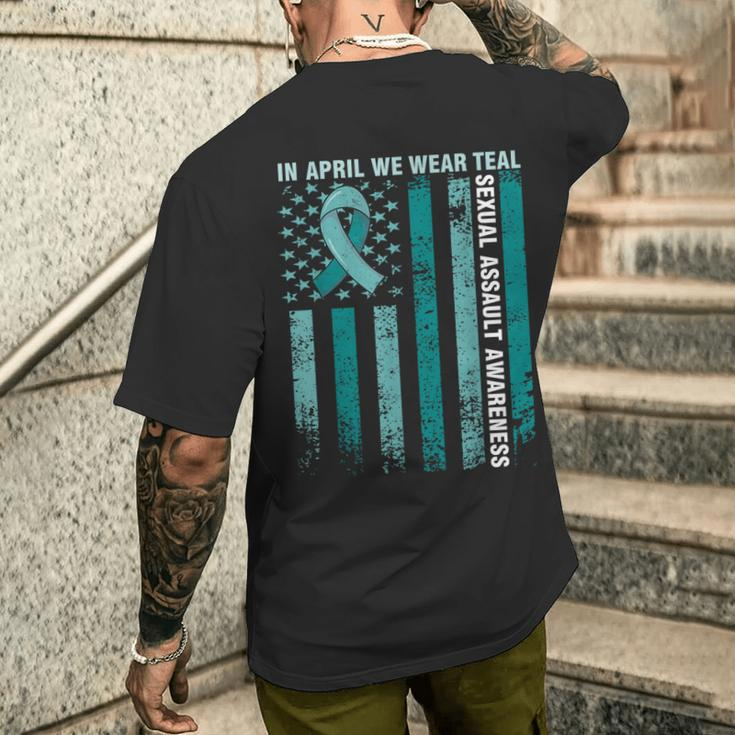 In April We Wear Teal Sexual Assault Awareness American Flag Men's T-shirt Back Print Gifts for Him