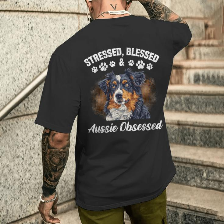 Australian Shepherd Stressed Blessed Aussie Lustig Besitzer T-Shirt mit Rückendruck Geschenke für Ihn