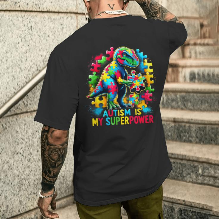 Autism Is My Superpower Autism Kid Colorful Puzzle Dinosaur Men's T-shirt Back Print Gifts for Him