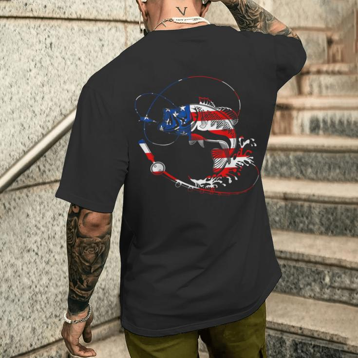 Bass Fishing Fish American Flag Patriotic Fourth Of July Men's T-shirt Back  Print - Monsterry