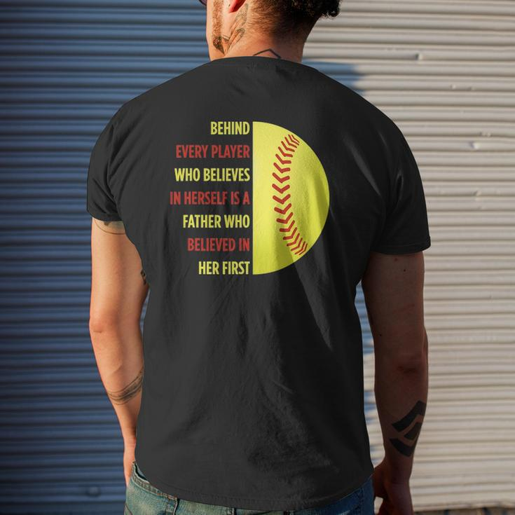 Behind Every Player Is A Father Softball Dad Softball Mens Back Print T-shirt Gifts for Him