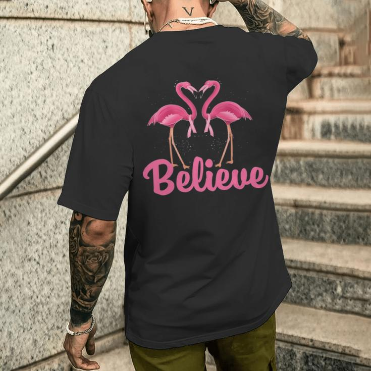 Believe Breast Cancer Flamingo Awareness Pink Ribbon Men's T-shirt Back Print Gifts for Him