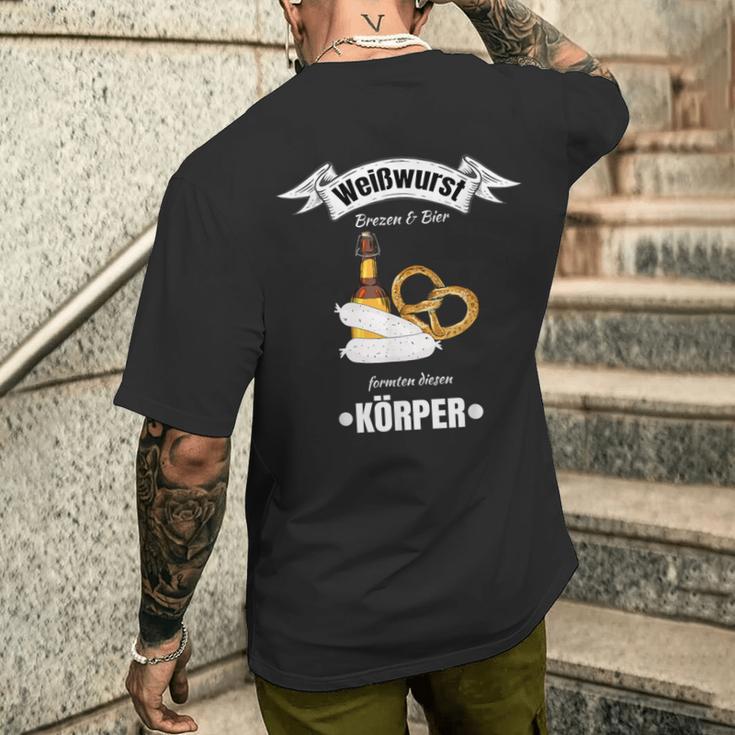 Boarisch Bayrisch Weißwurst Wurst Brezn Brezel Hopfen Motiv T-Shirt mit Rückendruck Geschenke für Ihn