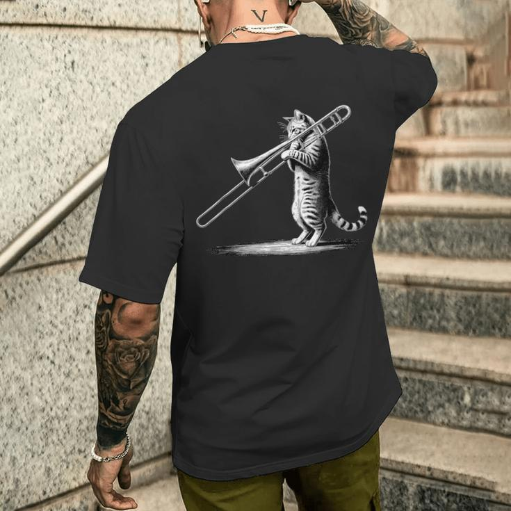 Cat Playing Trombone Player Trombonist Instrument Men's T-shirt Back Print Funny Gifts