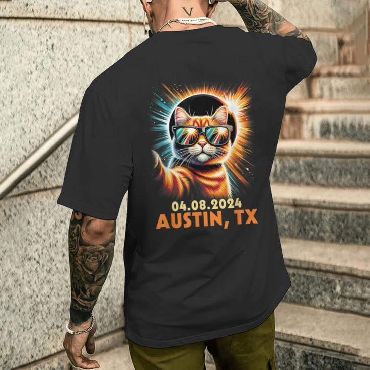 Cat Taking A Selfie Total Solar Eclipse 2024 Austin Texas Men's T-shirt Back Print Gifts for Him