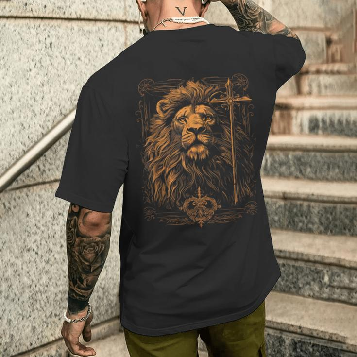 Christian Cross Lion Of Judah Religious Faith Jesus Pastor Men's T-shirt Back Print Gifts for Him
