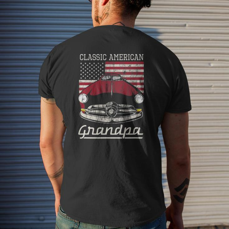 Classic American Grandpa American Flag Antique Car Mens Back Print T-shirt Gifts for Him