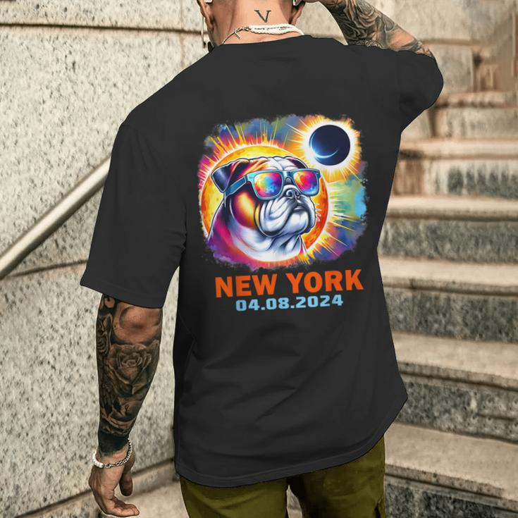 Colorful Bulldog Total Solar Eclipse 2024 New York Men's T-shirt Back Print Gifts for Him