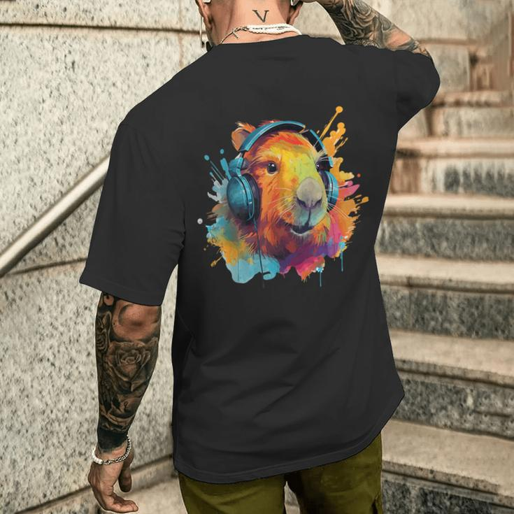Colorful Capybara With Headphones Vintage Colorful Capybara Men's T-shirt Back Print Funny Gifts