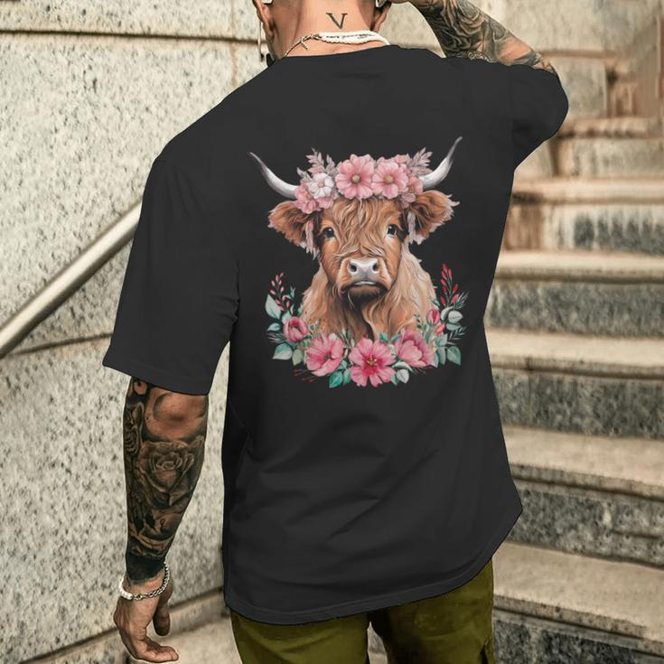 Cute Baby Highland Cow With Flowers Calf Animal Cow Women Men's T-shirt Back Print Gifts for Him