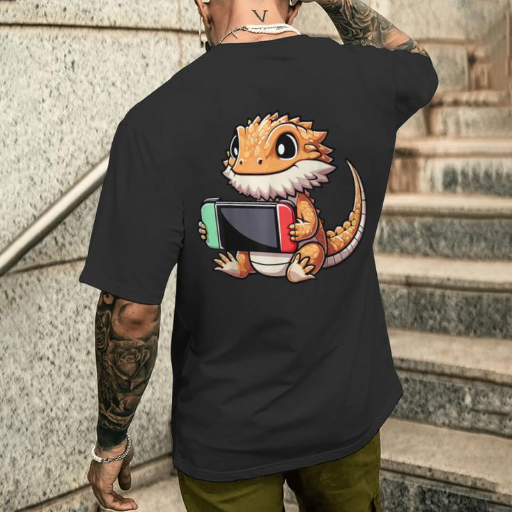 Cute Bearded Dragon Playing Video Games Gamer Men's T-shirt Back Print Gifts for Him