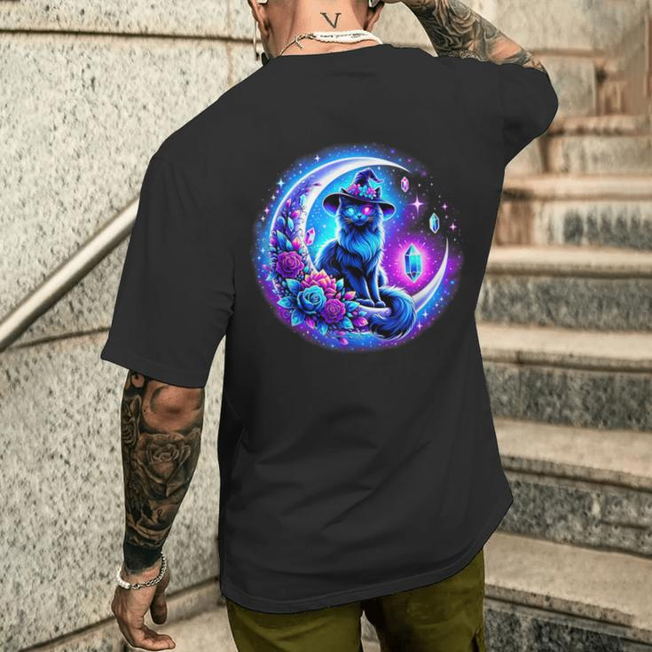 Cute Witchy Cat On The Moon Blue Purple Magical Cat Witch Men's T-shirt Back Print Funny Gifts