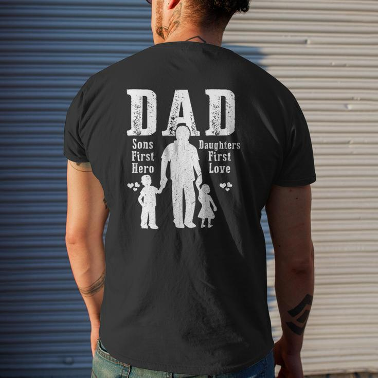 Dad A Sons First Hero A Daughters First Love Daddy Papa Pops Mens Back Print T-shirt Gifts for Him