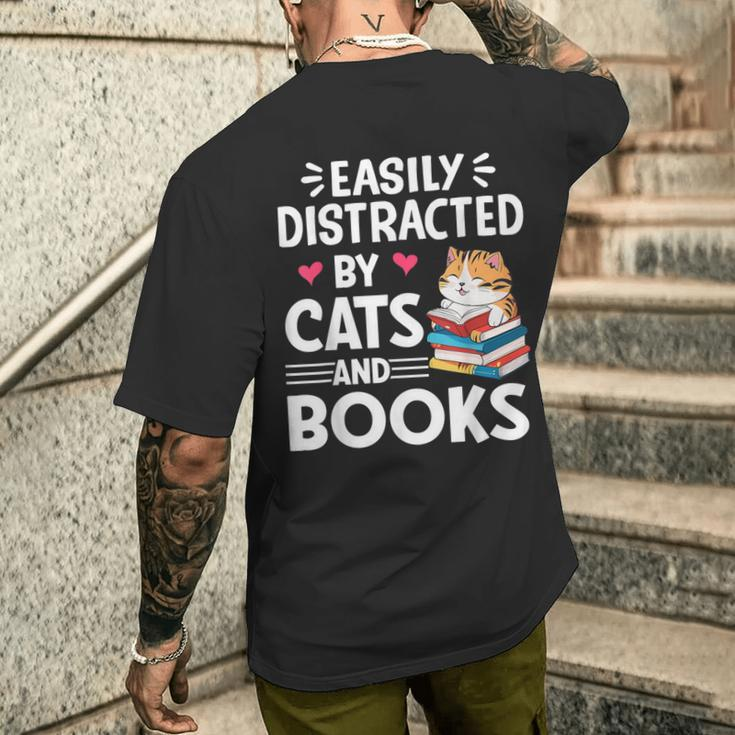 Easily Distracted By Cats And Books Cute Cat And Book Lovers Men's T-shirt Back Print Gifts for Him