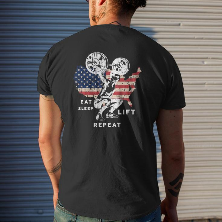 Eat Sleep Lift Repeat Gym American Workout Usa Flag Mens Back Print T-shirt Gifts for Him