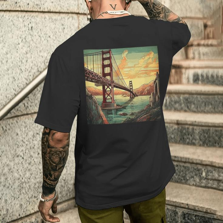Golden Gate Bridge Sky Colorful Illustration Vintage Graphic Men's T-shirt Back Print Funny Gifts