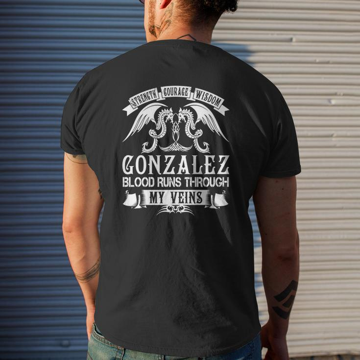 Gonzalez Shirts Strength Courage Wisdom Gonzalez Blood Runs Through My Veins Name Shirts Mens Back Print T-shirt Gifts for Him