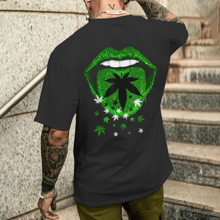 Green Sexy Lips Biting Cool Cannabis Marijuana Weed Pot Leaf Men's T-shirt Back Print Gifts for Him