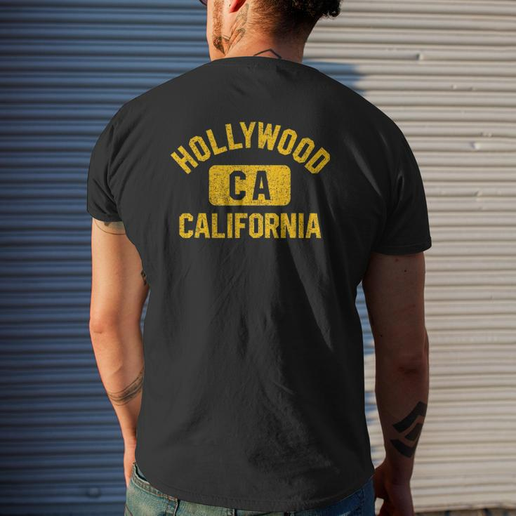 Hollywood Ca California Gym Style Distressed Amber Print Mens Back Print T-shirt Gifts for Him