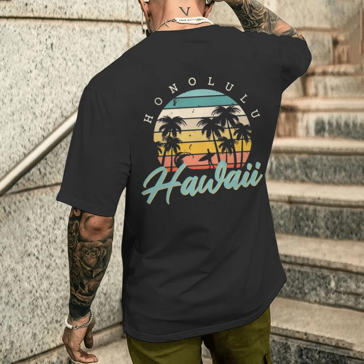 Honolulu Hawaii Surfing Oahu Island Aloha Sunset Palm Trees Men's T-shirt Back Print Gifts for Him