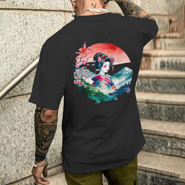 Japan Traditionell Landschaft Geisha Kirschblüte Retro Anime T-Shirt mit Rückendruck Geschenke für Ihn