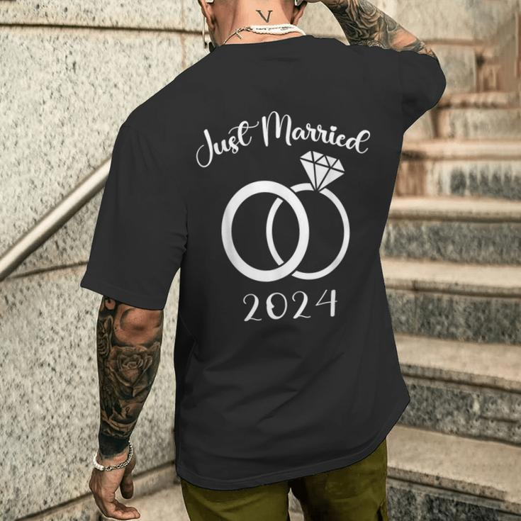 Just Married 2024 Wedding Rings Matching Couple Newlyweds Men's T-shirt Back Print Gifts for Him