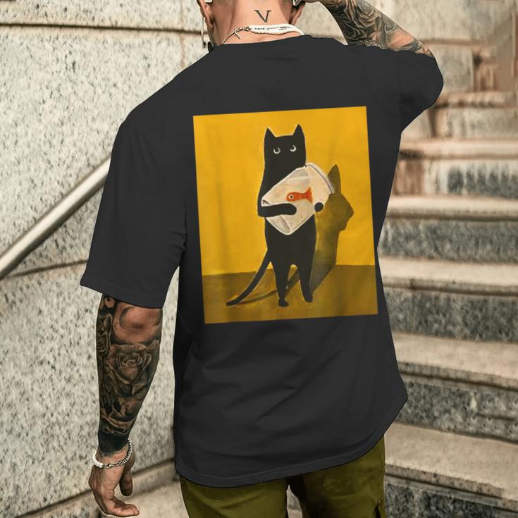 Katze Hält Goldfischglas-Kunstdesign T-Shirt mit Rückendruck Geschenke für Ihn