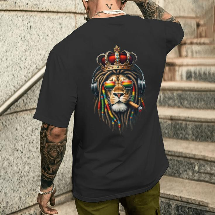 King Rasta Reggae Rastafarian Music Headphones Lion Of Judah Men's T-shirt Back Print Gifts for Him