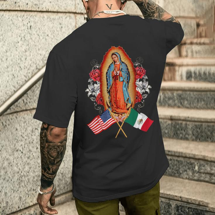 Our Lady Virgen De Guadalupe Mexican American Flag Men's T-shirt Back Print Gifts for Him