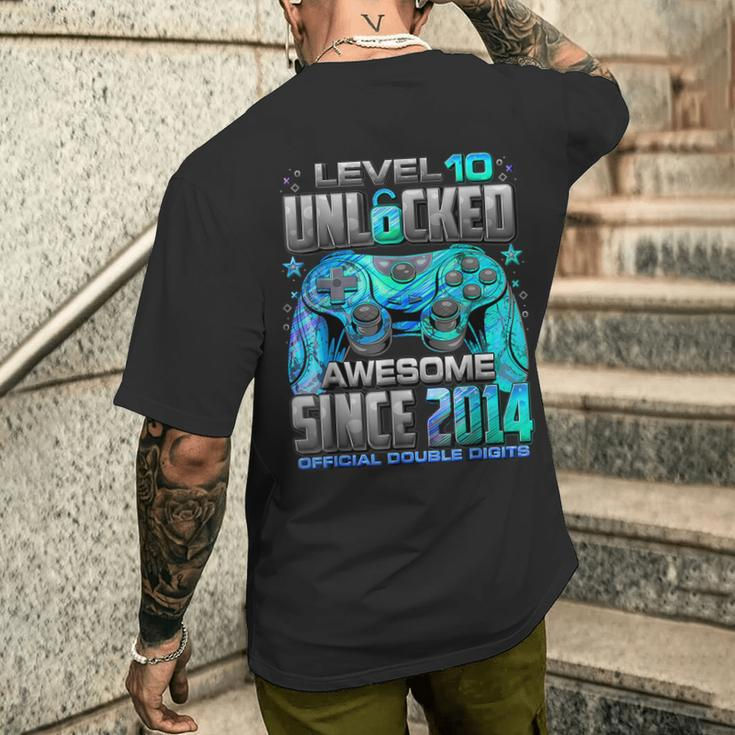 Level 10 Unlocked Awesome Since 2014 10Th Birthday GamingMen's T-shirt Back Print Gifts for Him