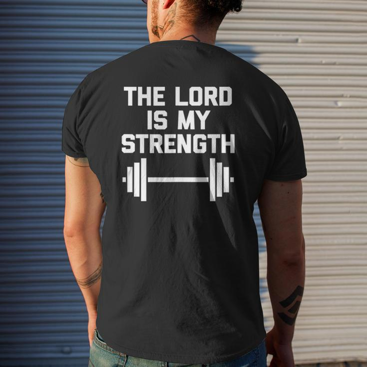 The Lord Is My Strength Catholic Christian Workout Gym Mens Back Print T-shirt Gifts for Him
