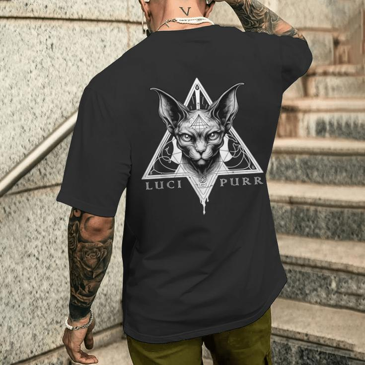 Lucipurr Lucifer Katze Okkulte Sphynx Satanic Atheist Satanismus T-Shirt mit Rückendruck Geschenke für Ihn