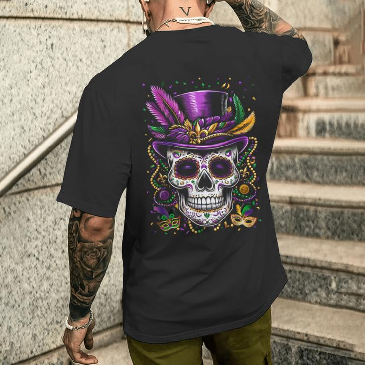 Mardi Gras Skull Top Hat Beads Mask New Orleans Louisiana Men's T-shirt Back Print Gifts for Him