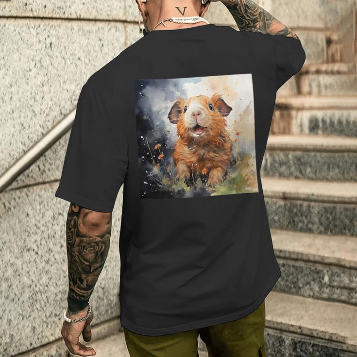 Meerschweinchen Blumen Aquarell Illustration Grafik T-Shirt mit Rückendruck Geschenke für Ihn