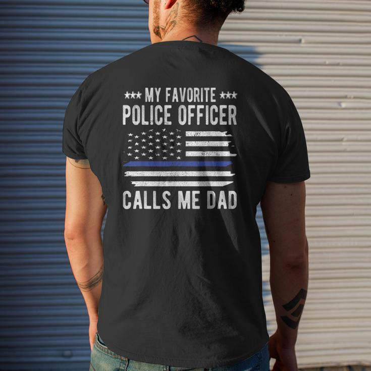 Mens My Favorite Police Officer Calls Me Dad Blue Line Police Dad Mens Back Print T-shirt Gifts for Him