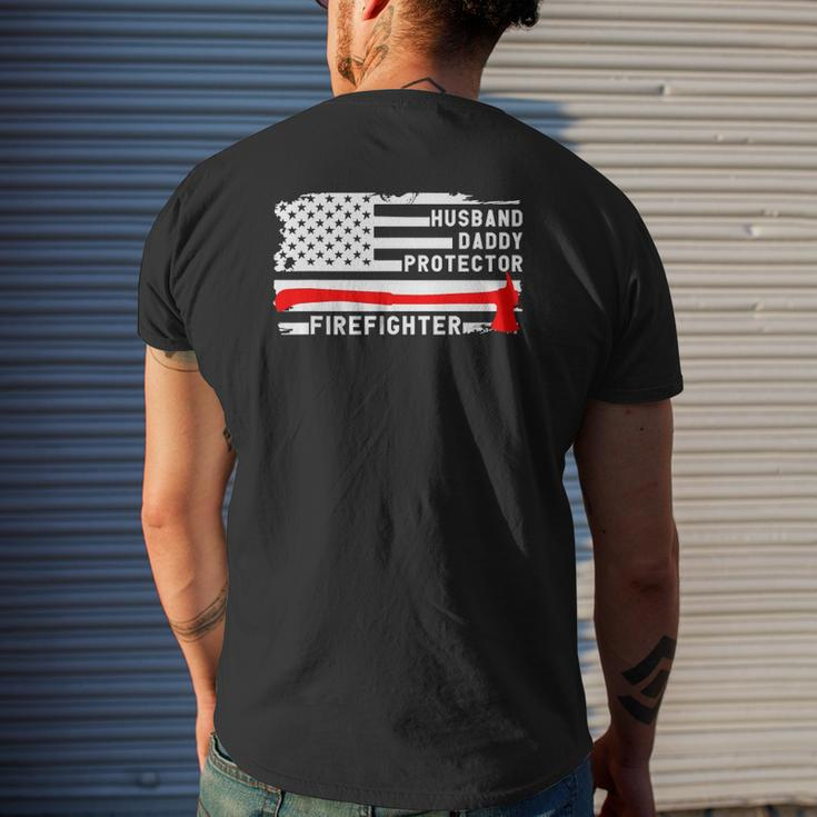 Mens Husband Daddy Protector Firefighter American Flag Fireman Mens Back Print T-shirt Gifts for Him
