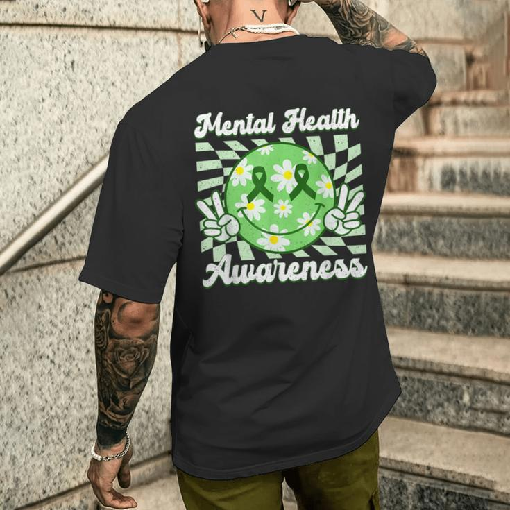 Mental Health Awareness Smile Face Checkered Green Ribbon Men's T-shirt Back Print Gifts for Him