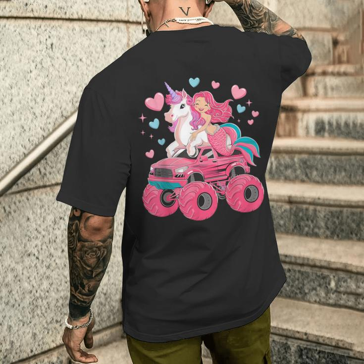 Mermaid Unicorn Monster Truck Birthday Party Monster Truck Men's T-shirt Back Print Gifts for Him