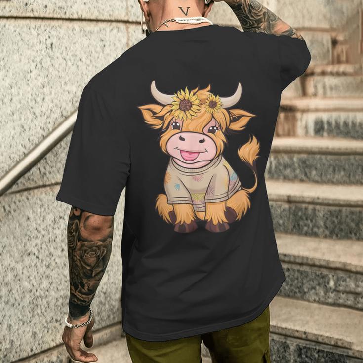 Niedliches Baby Highland Cow Mit Sonnenblumen Grafik Rinder T-Shirt mit Rückendruck Geschenke für Ihn