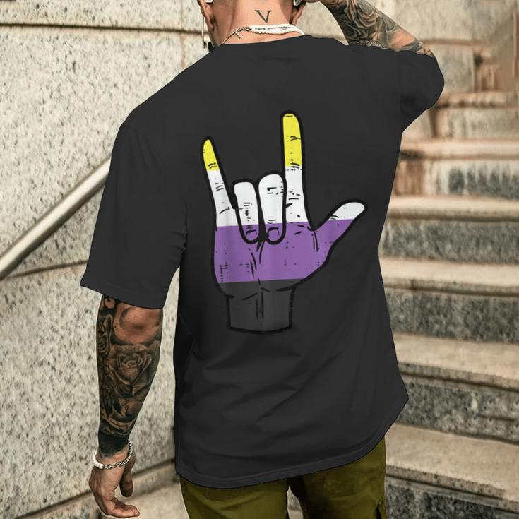 Nonbinary Ich Liebe Dich Hand Sign Language Enby Nb Pride Flag T-Shirt mit Rückendruck Geschenke für Ihn